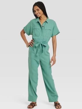 Universal Thread Green Linen Blend Jumpsuit Boilersuit Tie Waist Pockets